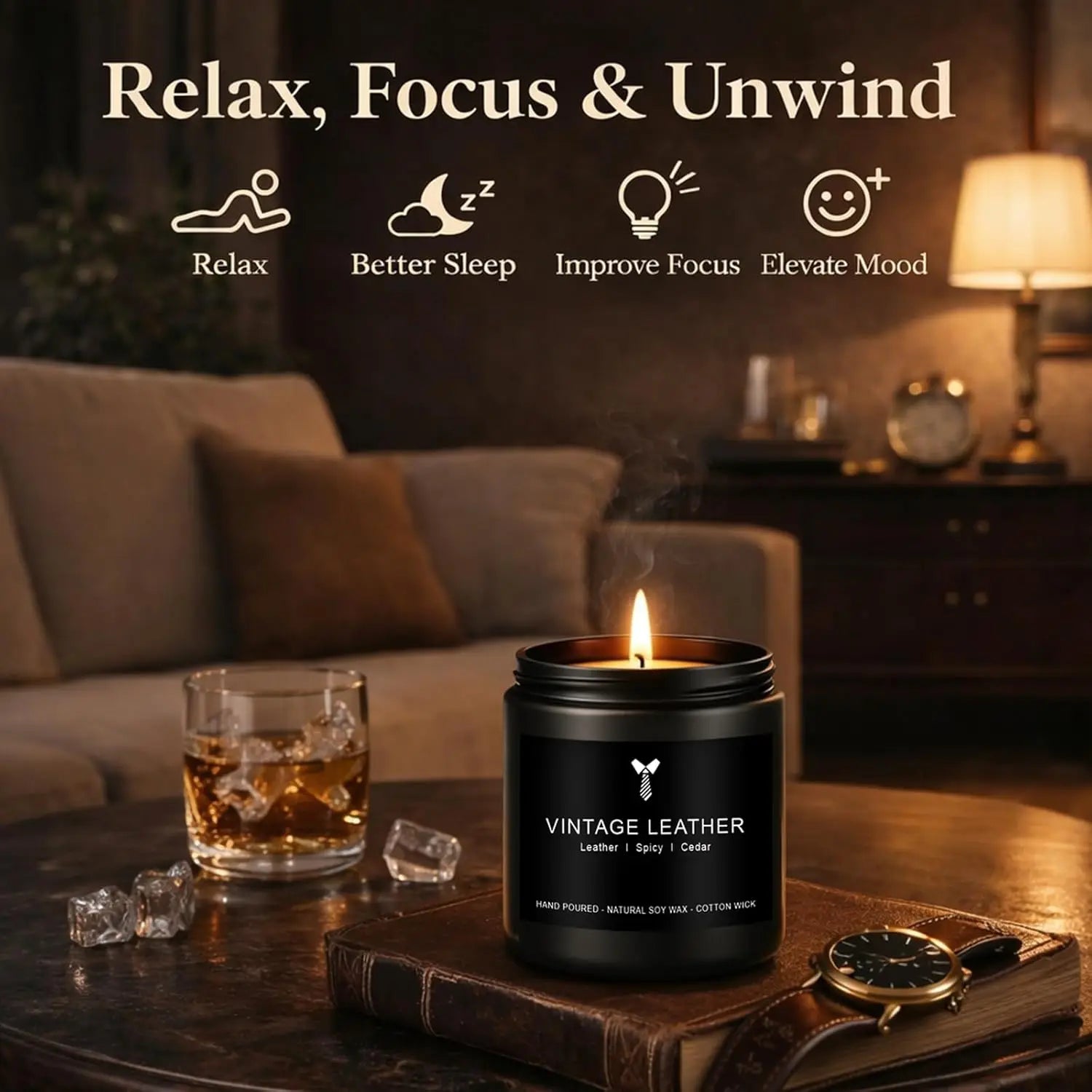 4-Pack Masculine Soy Candles for Men: Leather, Smoke, Oak & Lavender - 200hr Burn Time