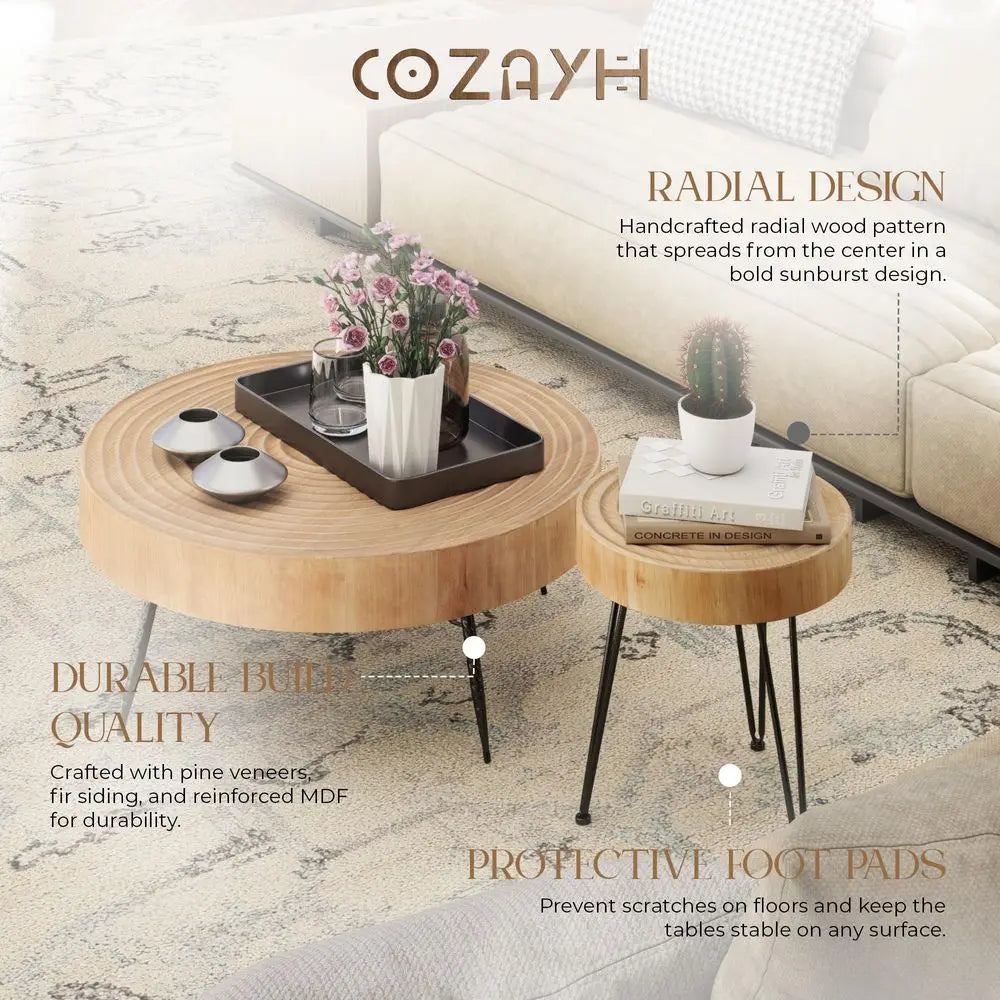 2Piece Round Natural Wood Nesting  Table Set,  Black Metal Legs, Ring Pattern Rustic Farmhouse