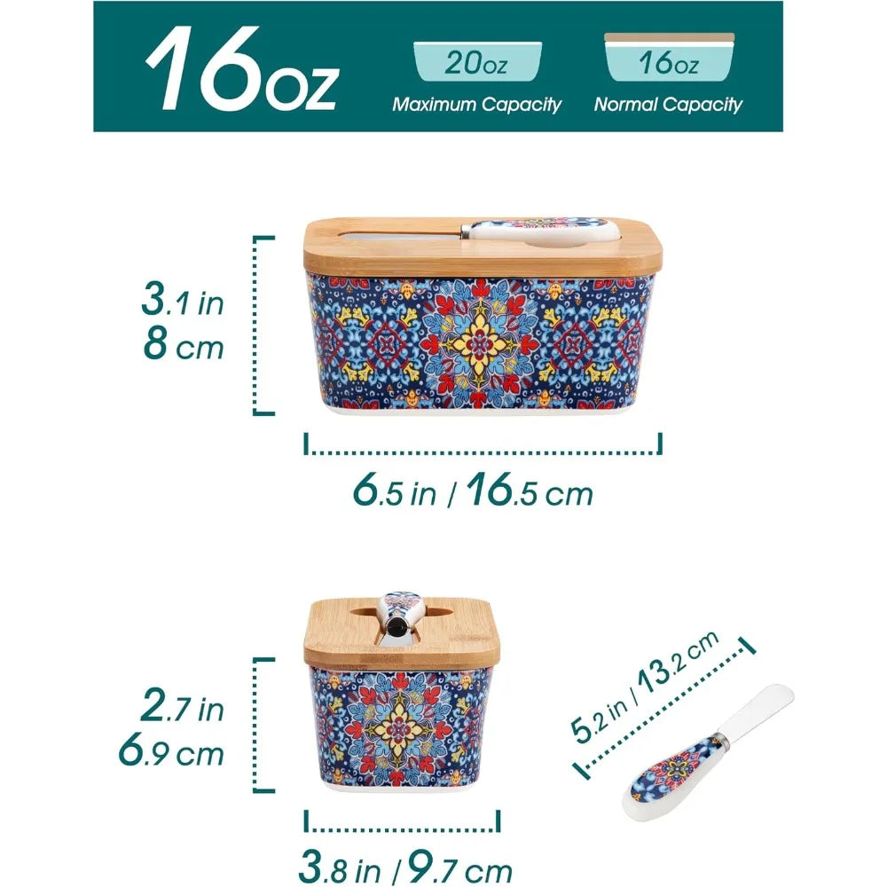 Bohemian Ceramic Butter Dish with  Bamboo Lid and knife , 6.5"