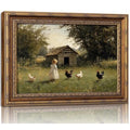 Vintage Gold Framed Farmhouse canvas Chicken Wall Art Retro Country Farm Girl and Chicken
