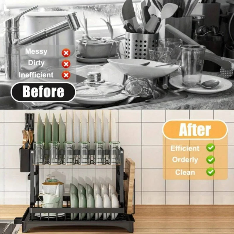 Stainless Steel Rust Proof Metal Dish Drying Rack 2 Tier Large Capacity  Automatic Drainage