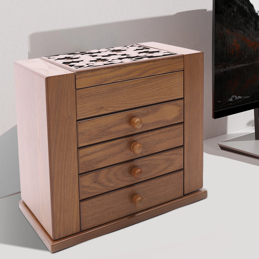 5-tier Wooden Jewelry Box w/ Drawers Mirror Rings, Earrings, Necklaces, Bracelets