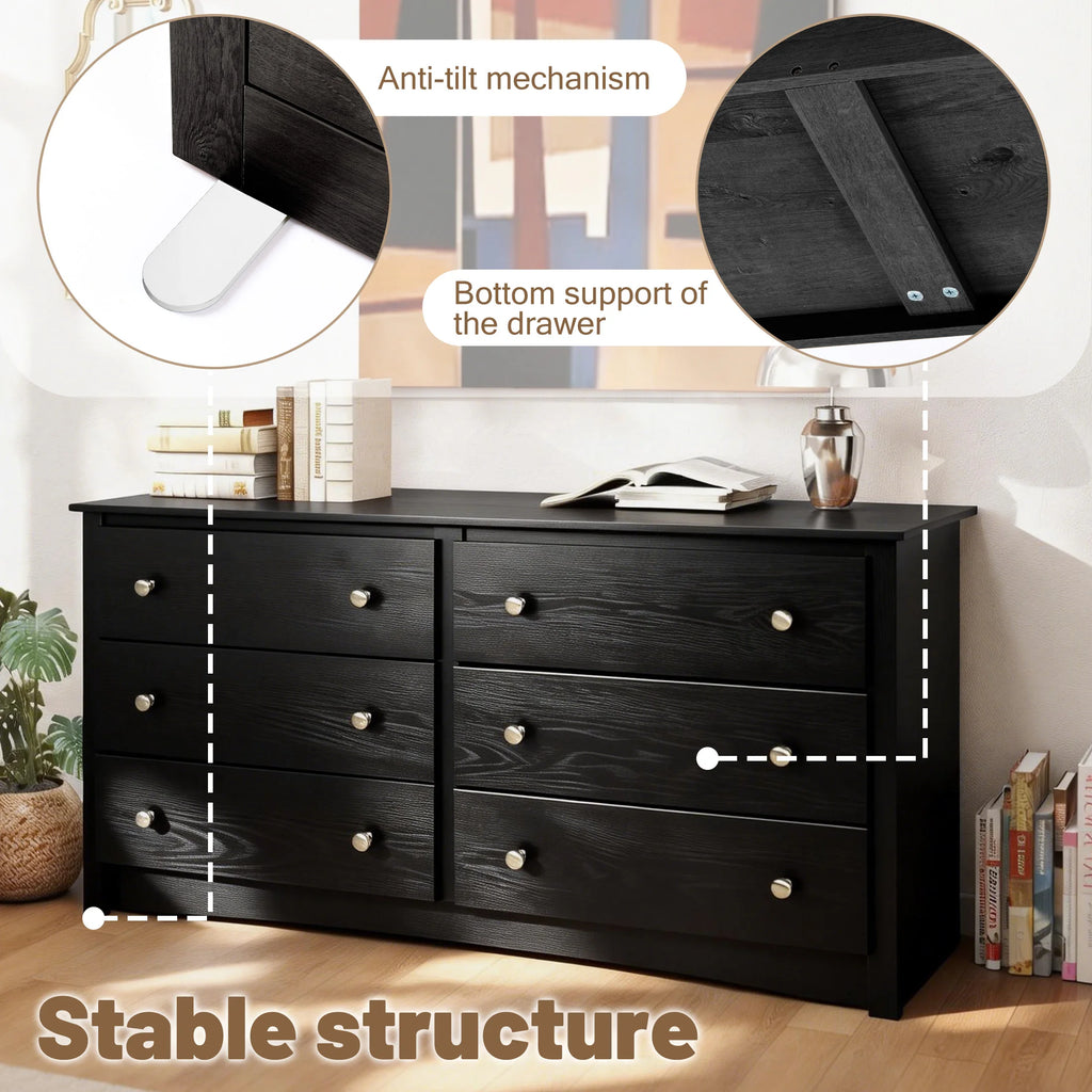 59IN Wood 6 Dresser Drawers Cabinet for Living Room Stable Structure Storage Wide Chest of Drawers