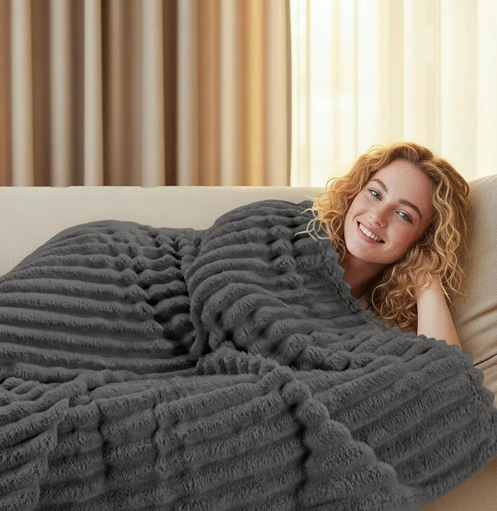 Striped Fleece Blanket Queen Size, Fluffy & Lightweight Throw for Bed, Sofa - Soft Cozy Home Decor