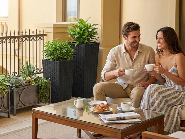 Resin Tall Plant Pots Large Tapered Flower Pots with Drainage Holes Removable Inner Pot Rattan