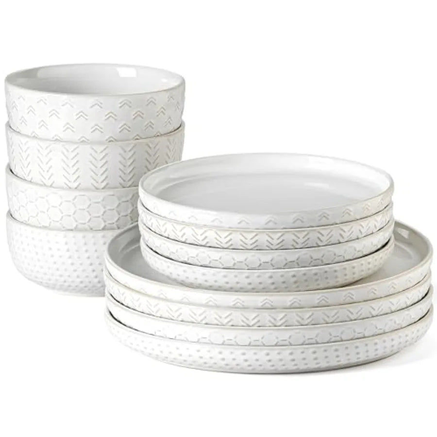 Stoneware Dinnerware Sets 4, 12 pcs Reactive Glaze Plates and Bowls Sets,  Highly Chip and Crack Resistant