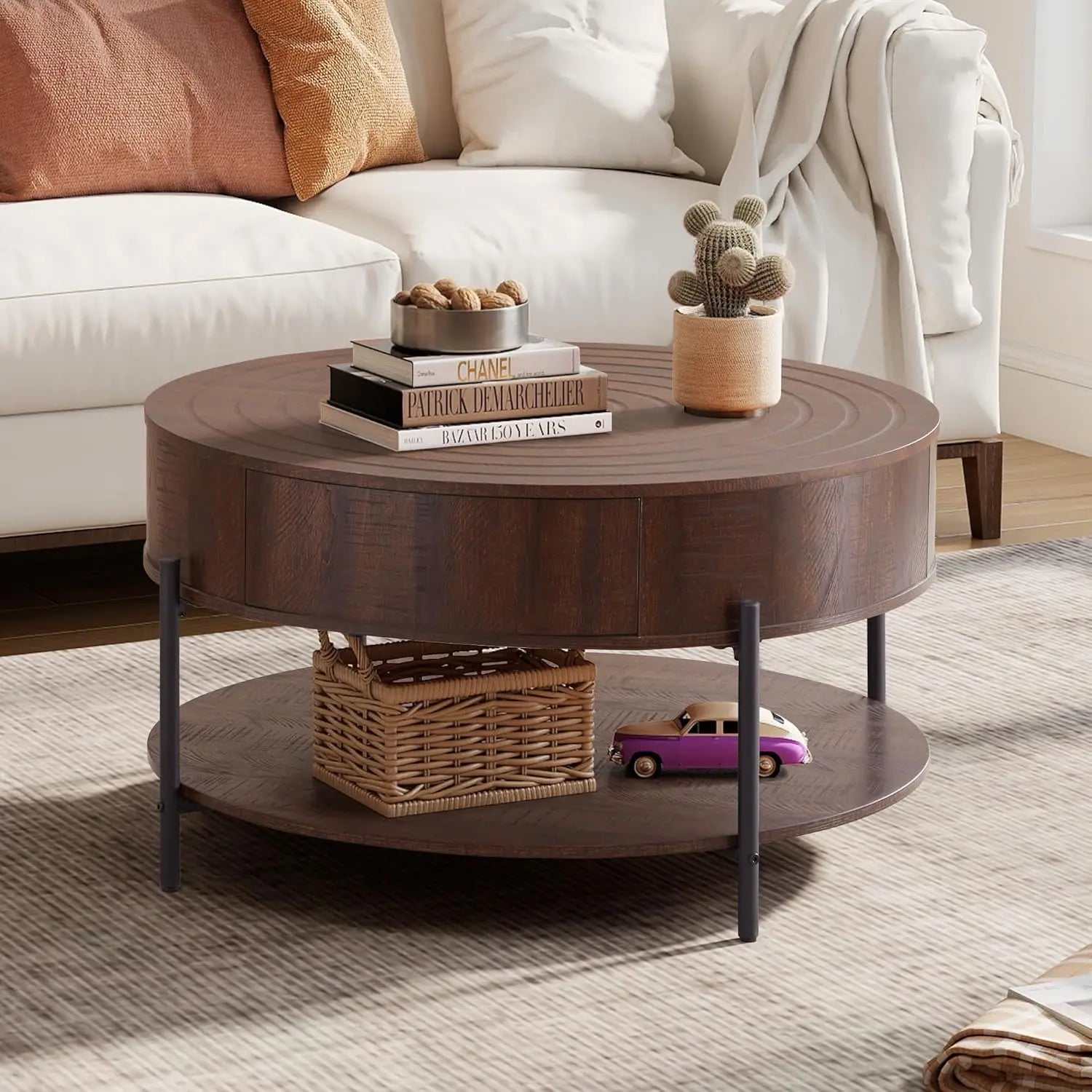 2-Tier Rustic Circle Table with Storage Shelf