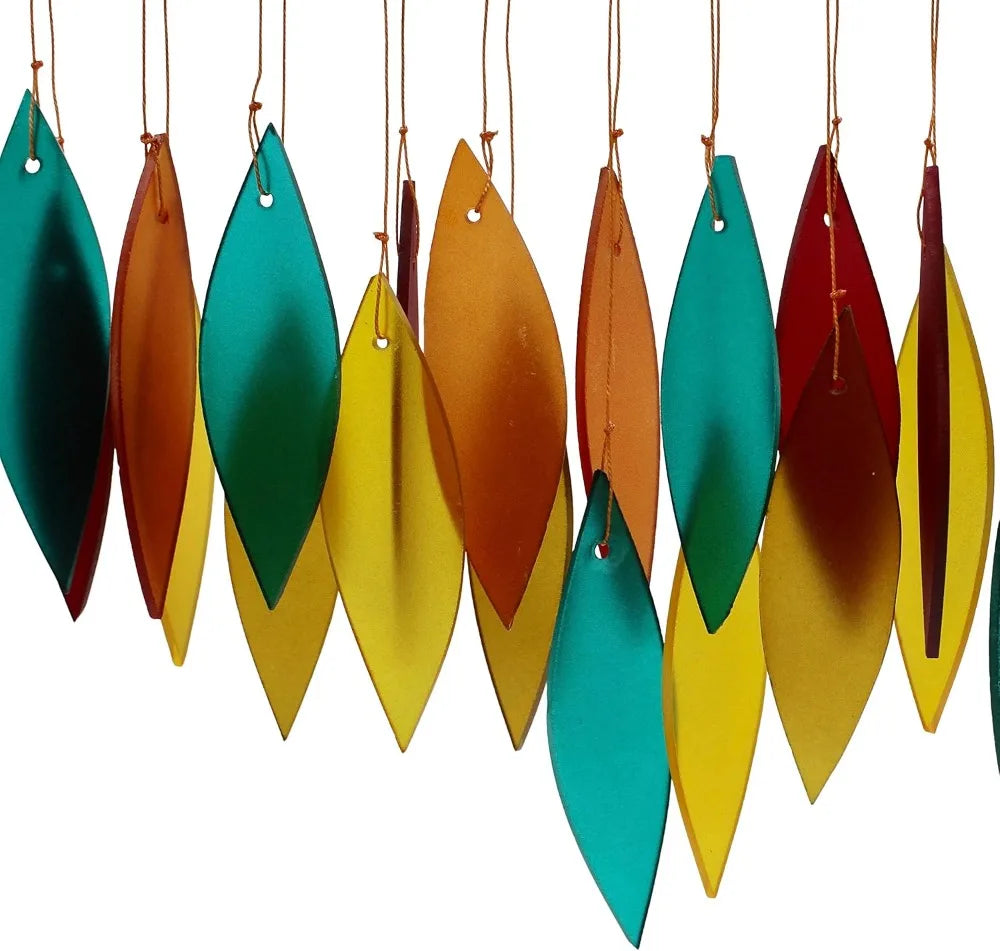 Handcrafted Sandblasted Glass Leaves Wind Chime | Southwestern Teal, Terracotta, Mustard, Burgundy | Driftwood Top